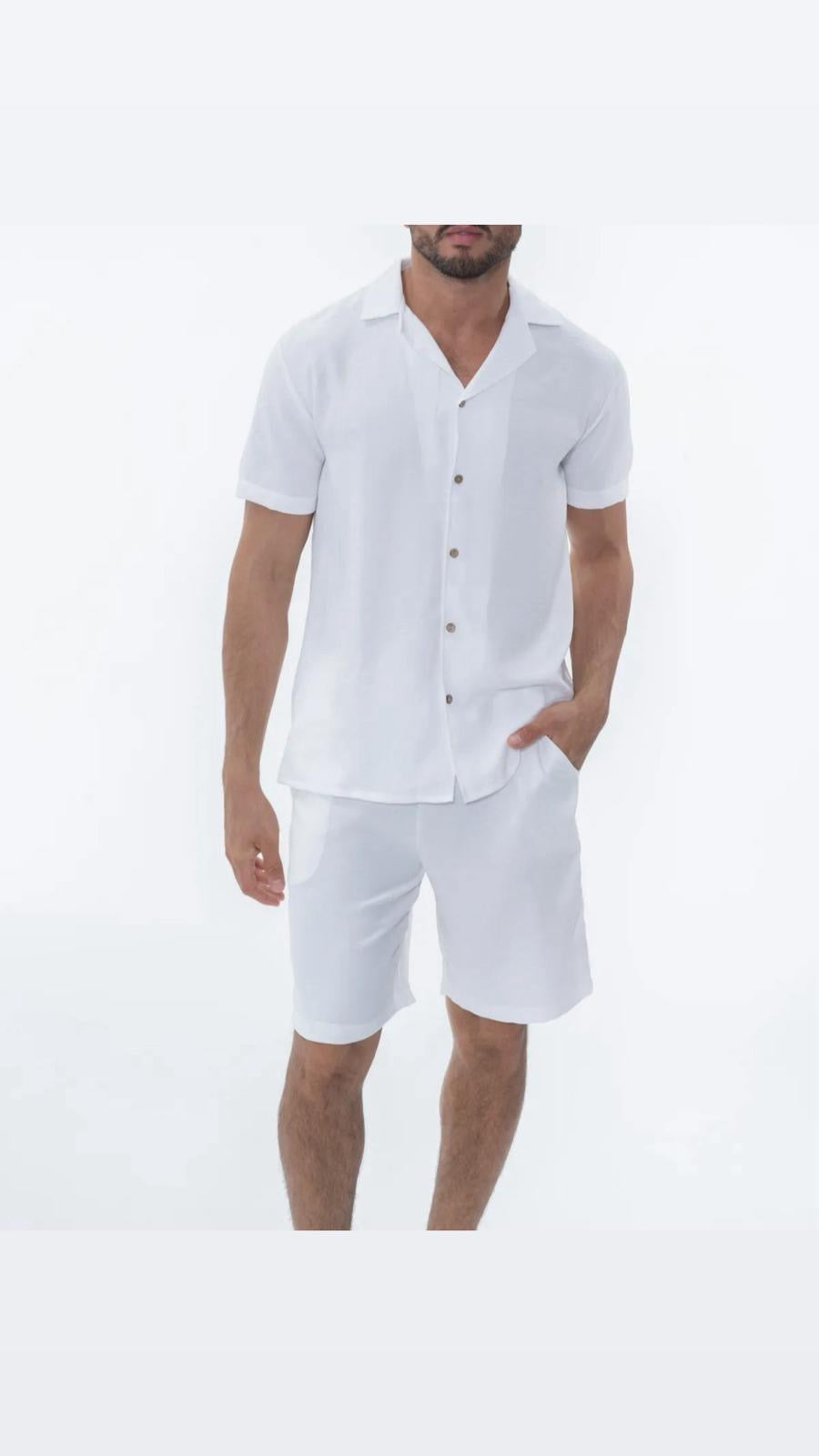 Ensemble Chemise & Short Effet Lin Blanc