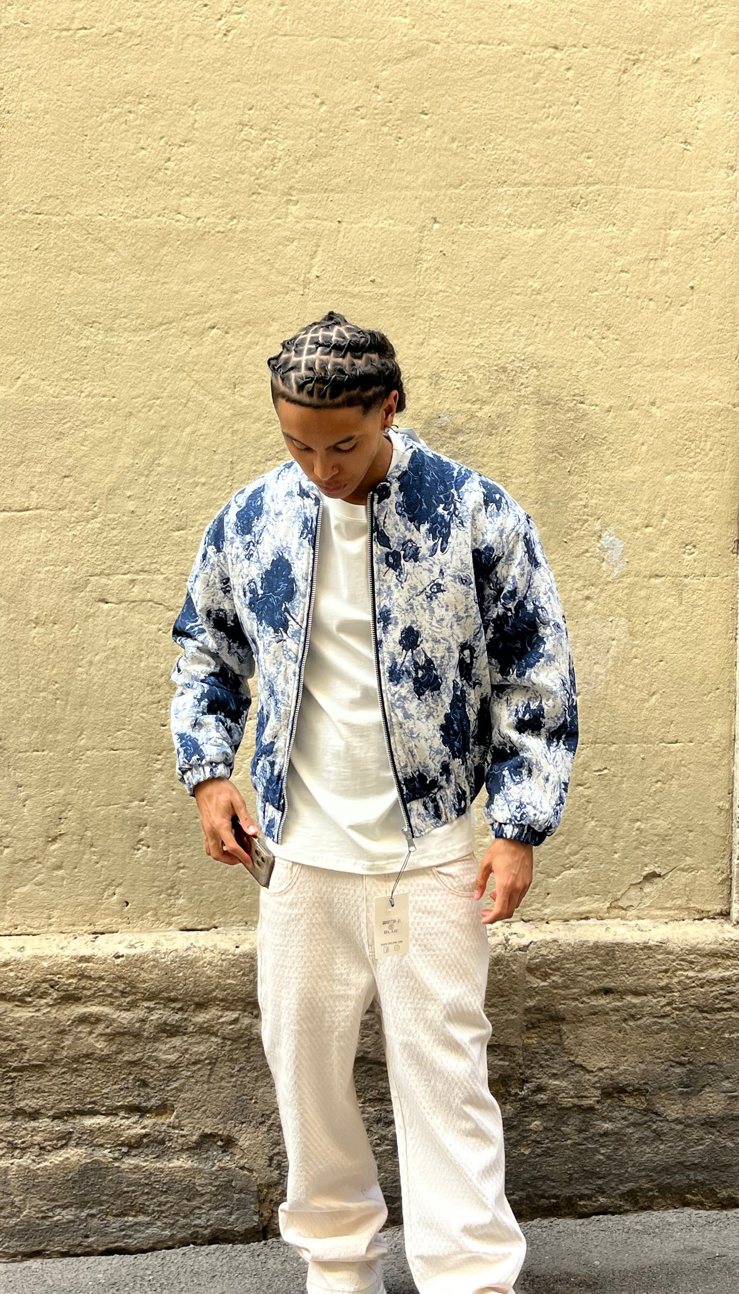 Bombers homme bleu blanc imprimé fleur