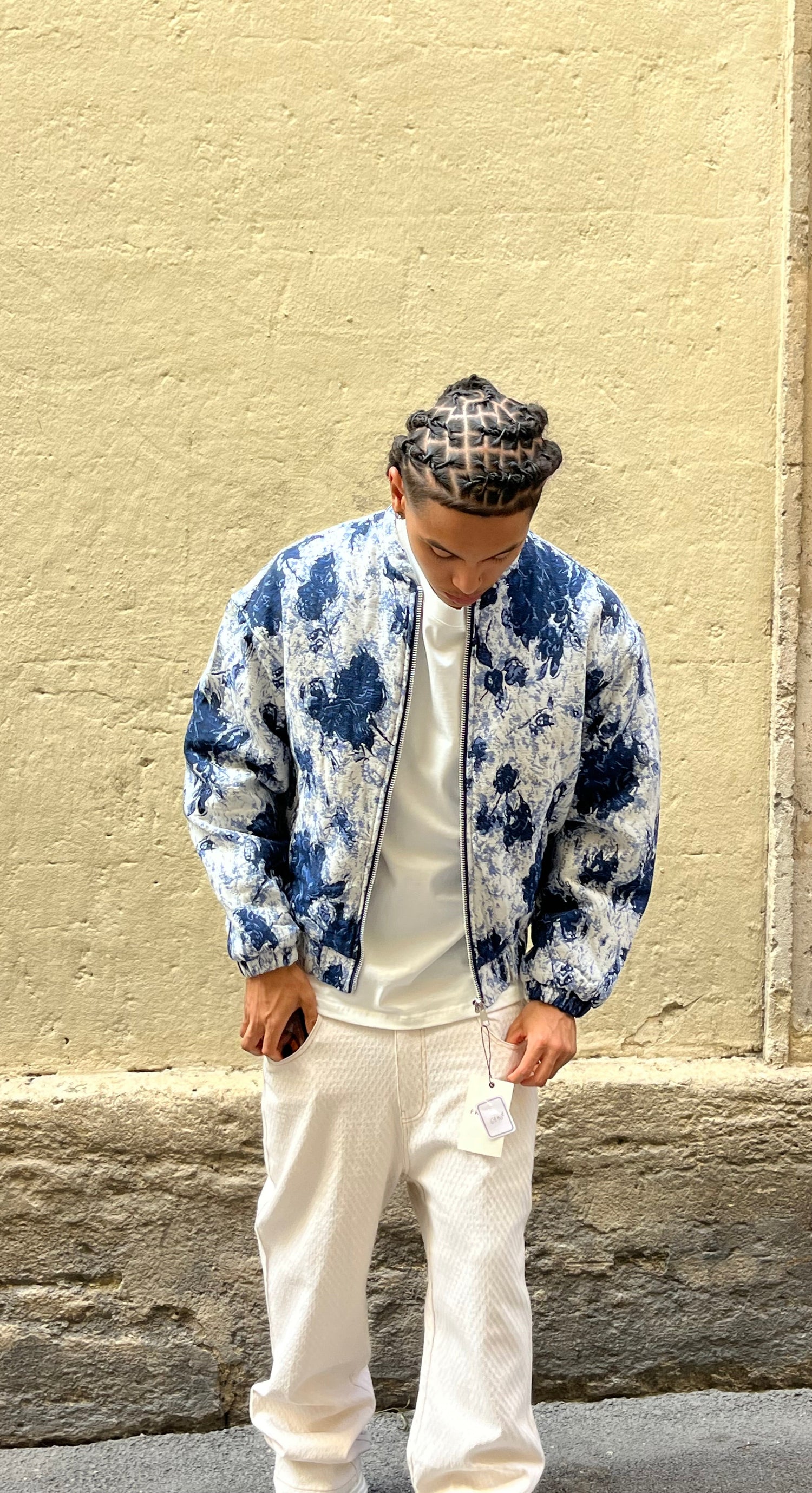 Bombers homme bleu blanc imprimé fleur