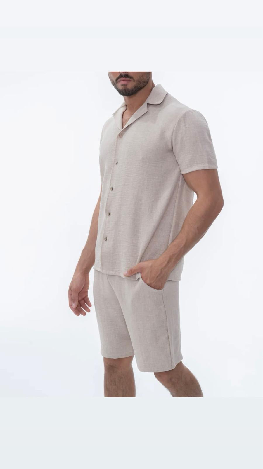 Ensemble Chemise & Short Effet Lin Beige