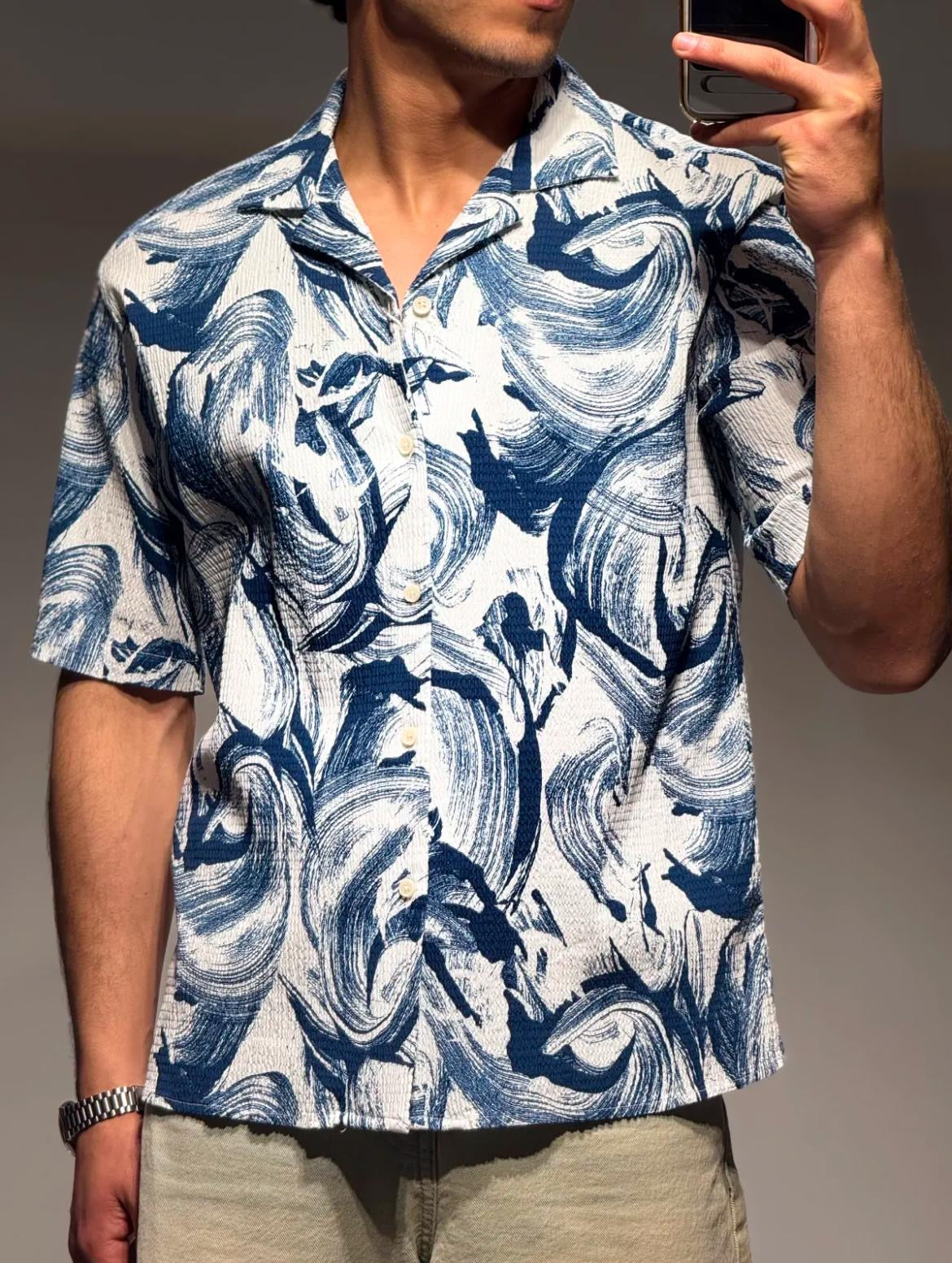 Chemise à Motif Bleu Abstrait