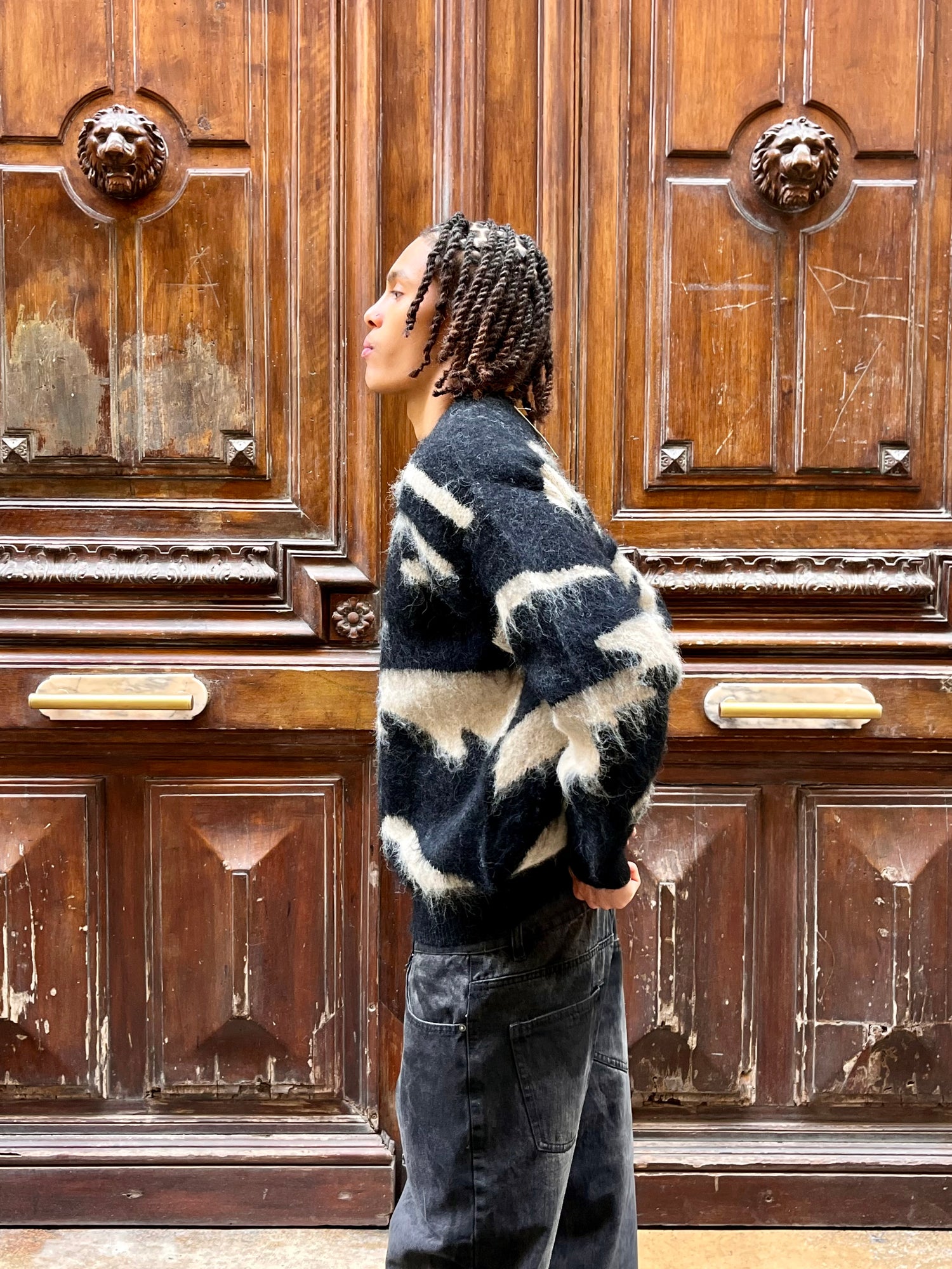 Pull Wave Line rayures verticales noir/blanc sans capuche